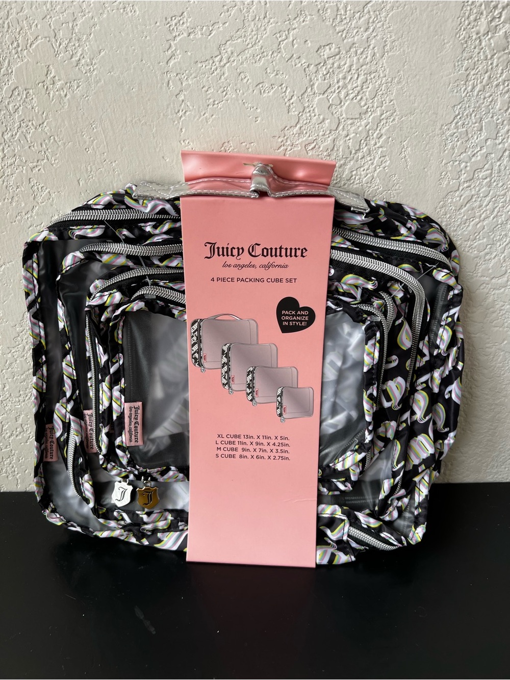 Juicy Couture Black Patterned 4-Piece Packing Cube Set with Pink Tag